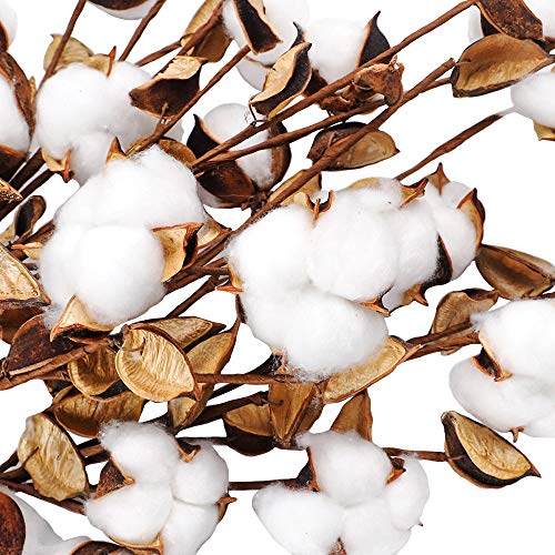 Ageomet 4Pcs Cotton Stems 21" Artificial Cotton Flowers, Total 24 Balls Dried Floral Stems Cotton Decor For Farmhouse Decoration, Home Wedding Decor #TOP2