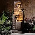 Pivotify 38.2" Tall Water Fountain Outdoor Garden,4 Tiers Modern Cascading Bowls and Stacked Stones Indoor Fountains with LED Lights for Patio, Deck, Porch, Backyard and Home Art Decor(Reddish-Brown