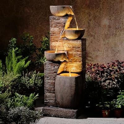 Pivotify 38.2" Tall Water Fountain Outdoor Garden,4 Tiers Modern Cascading Bowls and Stacked Stones Indoor Fountains with LED Lights for Patio, Deck, Porch, Backyard and Home Art Decor(Reddish-Brown