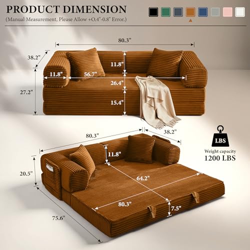 Image of AUGOP Futon Sofa Bed Boneless Couch for Living Room,Pull Out Couch with Sleeper Sofa,Day Bed Couch with Storage Pocket,Removable Corduroy with 2 Pillow
