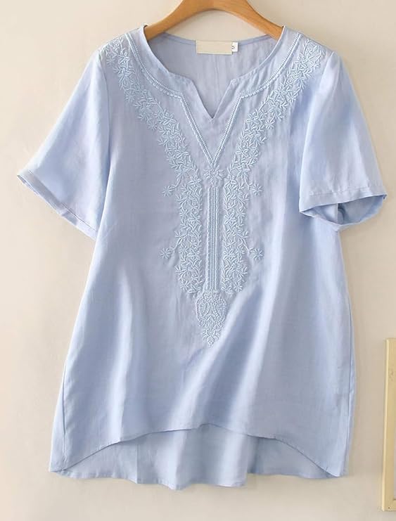 Minibee Women's Linen Shirts Summer Boho Blouse V Neck Short Sleeve Embroidered Tunic Tops - Image 2