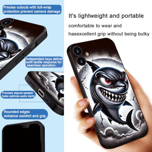 Printed Shark Pattern for iPhone 16 Case, Printed Fierce Red-Eyed Shark Cartoon Silicone Soft Shockproof case,for Girls & Women & boy & Men(B1-Cartoon Shark-Cool)