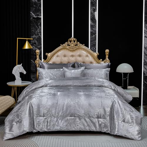 Jacquard Queen Comforter Set with Sheet Set Grey Bedding Set 8 Pcs Embroidery Neoclassical Floral Pattern Bed Home Decor Soft Down Comforter Luxury Hotel Silky Bed in a Bag with 1 Cushion Cover