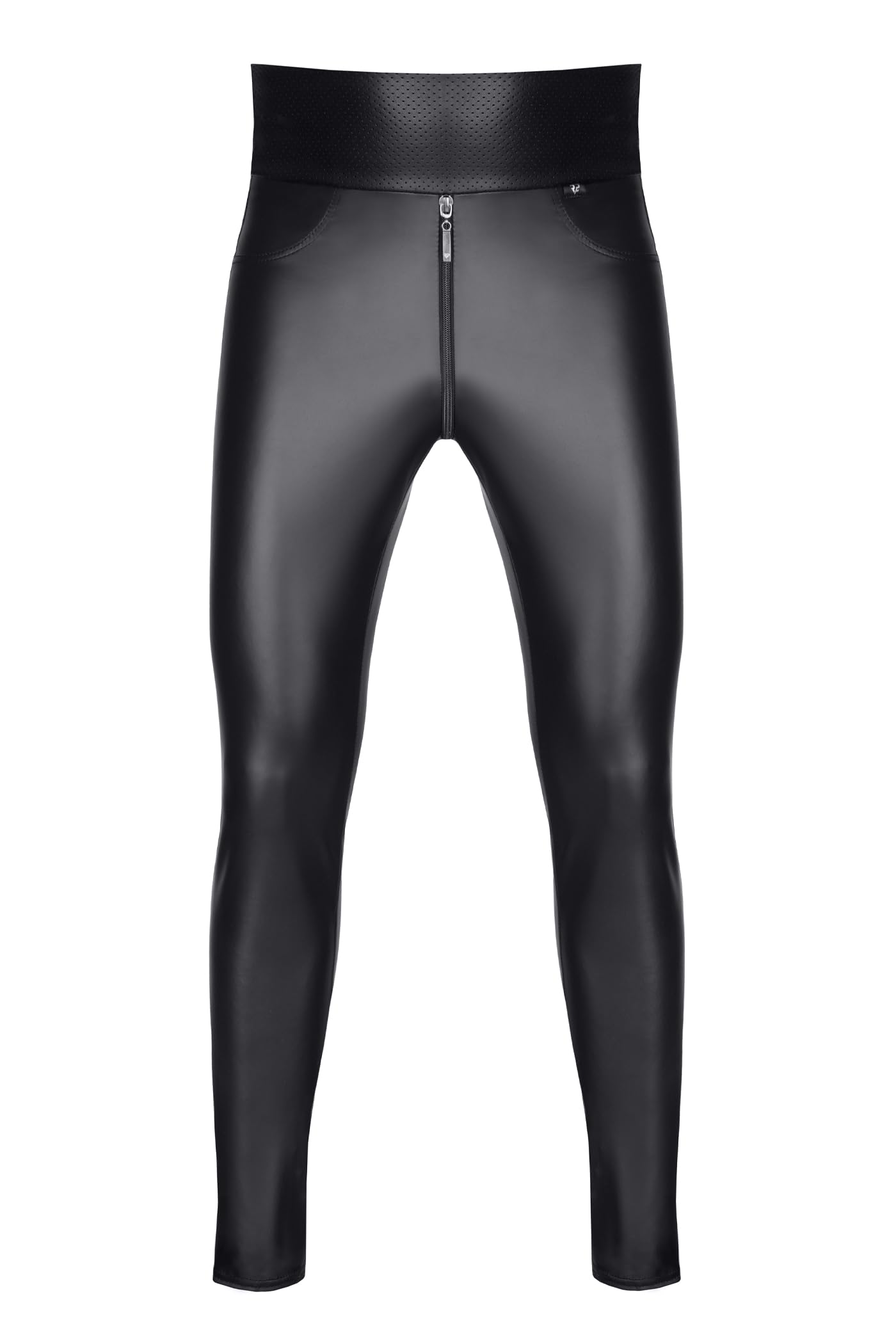 Herren Leggings Wetlook schwarz High Waist mit Reißverschluss vorne und hinten Männer Hose Skinny elastisch