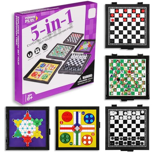 5 in 1 Small Magnetic Checkers Board Game Set Travel Game Road and Flight Trip Essentials Magnetic Travel Chess Checkers for Trip Camping Activities...