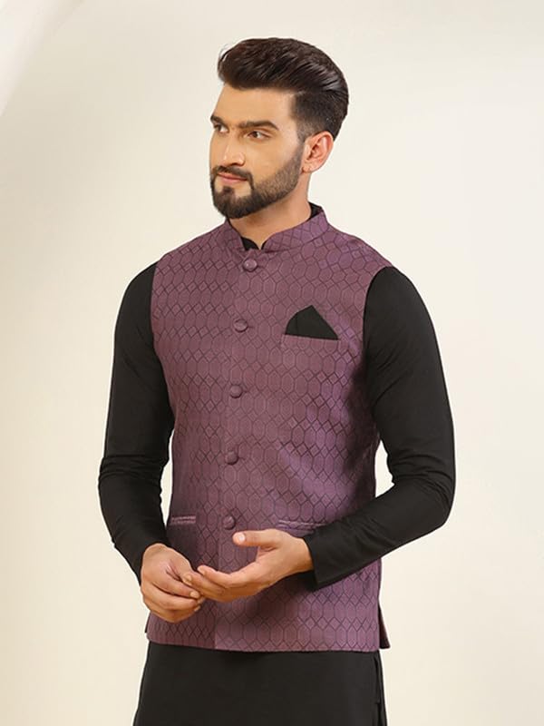 Image of KISAH Men's Green Jacquard Silk Blend Nehru Jacket- Traditional Indian Waistcoat for Weddings & Royal Parties