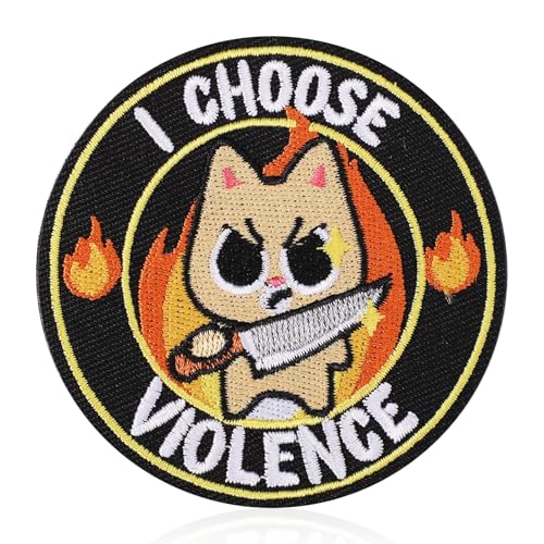 3in I Choose Violence Funny Cat Hook and Loop Patches, Cute Embroidered Applique Military Morale Iron on Decals Sew on Patches for Backpacks Vest Hat Dog Harnesses Jeans Clothes