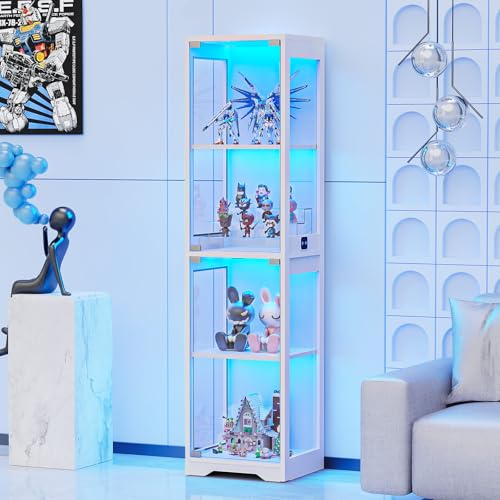 BROTTAR Glasvitrine mit 3-Farbiger LED-Beleuchtung & Körpersensor - Sammlervitrine für Sammlerstücke, Bücher & Figuren - Für Wohnzimmer, Büro oder Spielzimmer - Weiß (40x35x160 cm)