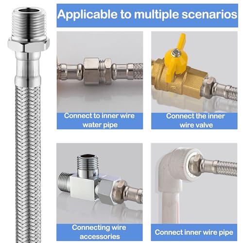 4 Stück 304 Edelstahl Flexschlauch 3/8, Verbindungsschlauch mit Edelstahlumflechtung, Panzerschlauch 3/8 Zoll Überwurf und Außengewinde, für Wasserhahn Eckventil Wassererhitzer (20cm/10cm)