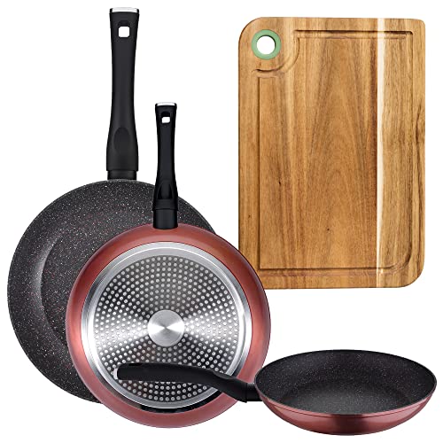 PACK MED 3 stekpannor Ø20/24 och 28 cms + CORTERING TABELL I ACCACIA TRÄ