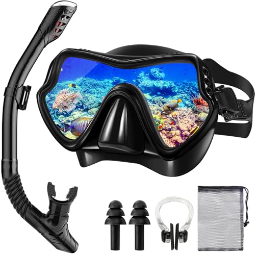 Vautvis Gafas Y Tubo De Snorkel Set para Adulto, Gafas De Buceo Panorámicas De 180°, Máscara De Buceo Impermeable Está Hecha De Vidrio Endurecido, Gafas Snorkel Buceo Hombre Mujer, Mascara Buceo