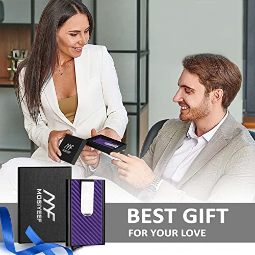 Image of MOSIYEEF Slim Leather Card Holder RFID Wallet for Men - Minimalist Pop Up Men Wallet with Money Clip-wrapped Compact Carbon Fiber Wallet for 6 Credit Cards - Gifts for Him, Lilac Purple