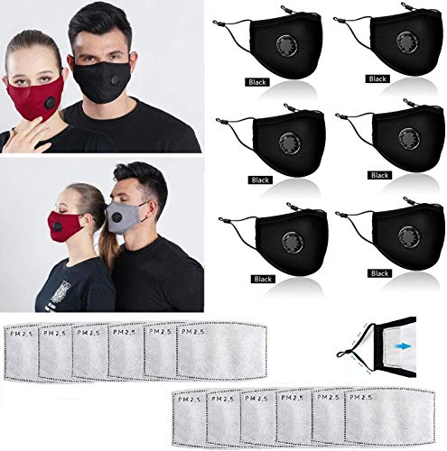 Face Bandanas Washable and Rreuseable with Breathing valve and Five-layer Activated Carbon Filters Replaceable Filters Haze Dust Face Health for Adults.Ship from USA (6 black+12 filters)