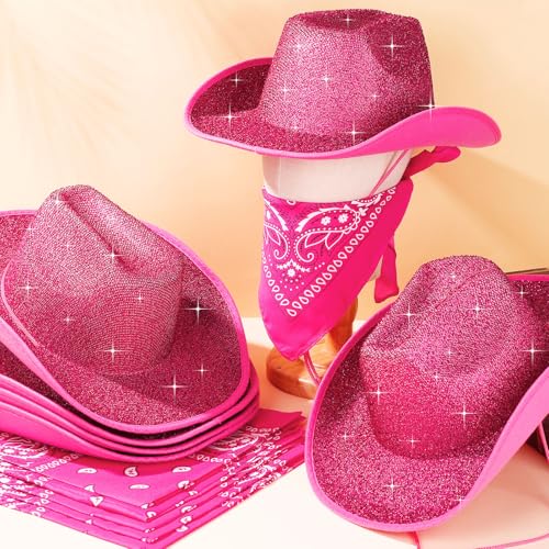 Image of Coume 12 Pcs Sparkly Adults Cowboy Hat and Bandanas Women Men Western Glitter Cowgirl Party Hats with Adjustable Drawstring