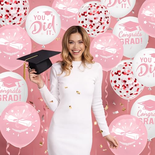 Image of Graduation Decorations 2026 - Graduation Balloons 62pcs 12 Inch Pink White Grad Print Latex Confetti Balloons for College High School Class of 2026 Congrats Grad Party Decor Supplies (Ribbon)