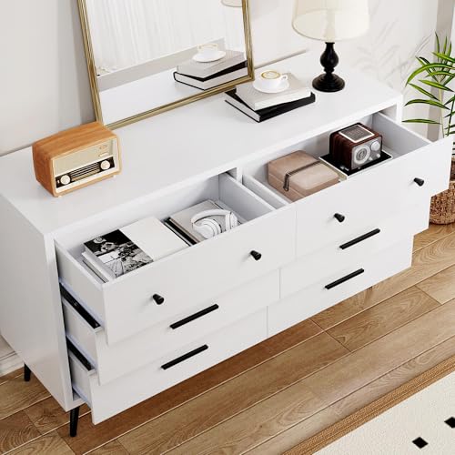 DWVO White 6-Drawer Dresser, Modern Wooden Chest of Drawers with Black Metal Handles & Anti-Tip Safety, Stylish Storage Cabinet for Bedroom, Living Room, Hallway, or Entryway