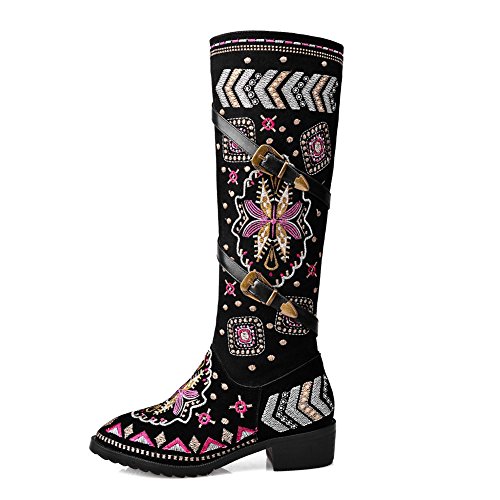 SaraIris Buckle Floral Embroidery Zipper Square Heels Ethnic Knee High Boots for Women