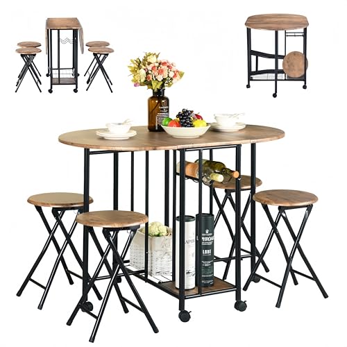 Conjunto de mesa de comedor con 4 sillas, conjunto de mesa de cocina plegable con sillas plegables, madera MDF y metal con almacenamiento para armario de vino, para espacios pequeños, cocina Bistro