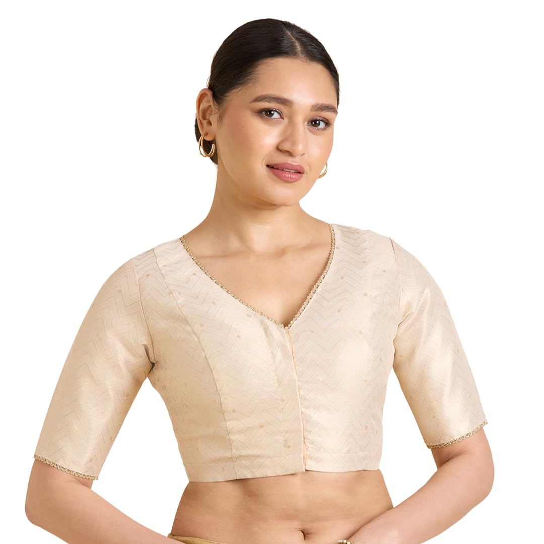 studio shringaar Women's Light Gold Benaras Brocade V-Neck Readymade Saree Blouse-picture-11