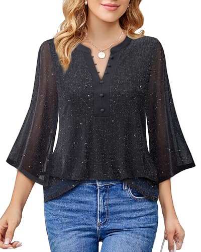 VALOLIA Women Blouses 3/4 Length Sleeve Mesh Shirts Dressy Casual V Neck Double Layers Flowy Tops 6