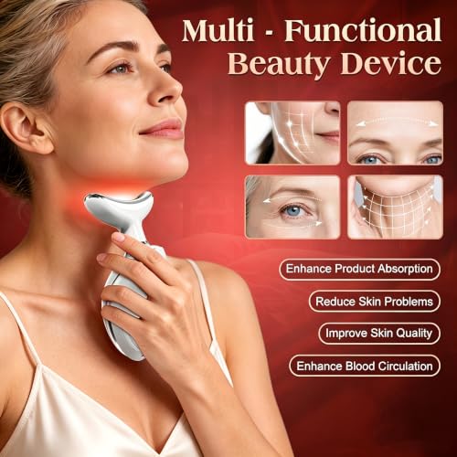 Image of Face and Neck Massager Tool with Heat & 3 Light Therapies, Smart Vibration, Red-Light-Therapy and EMS Modes, Gua Sha Facial Tools for Face and Neck Skin Care and TMJ Relief (White)