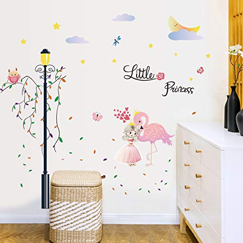 Image of Little Princess Hugging Flamingo Wall Stickers for Kids Room Bedroom Living Door Study Boho Decoration Sticker Baby Boy Girl Playroom Decor, Self-Adhesive, Wall, 90 Cm, 1 Cms