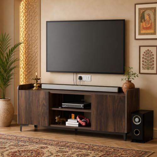 Image of Studio Kook Symphony Global 150 cm TV Unit, Junglewood | 150 cm engineered wood TV cabinet for 40-65 inch TVs, with two side cabinets, open shelves and a 70 kg tabletop capacity.