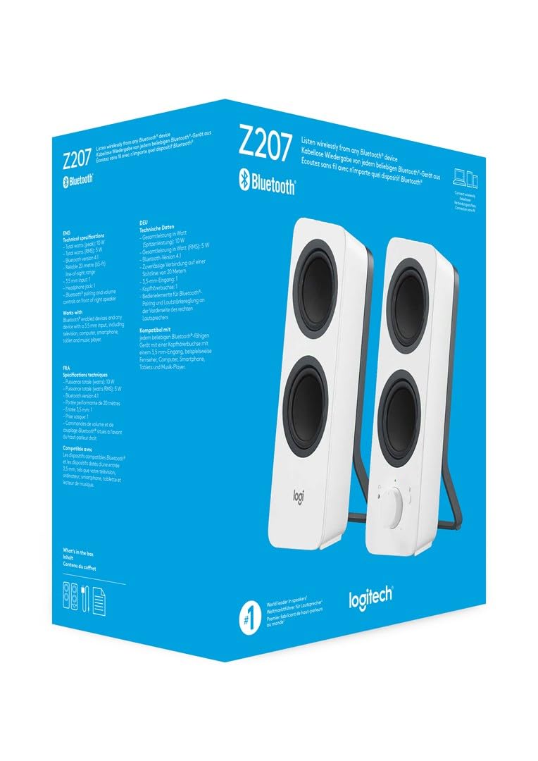 Logitech Z207 Kabelloser PC-Lautsprecher, Bluetooth, Stereo Sound, 10 Watt Spitzenleistung, 3,5 mm Eingang, Kopfhörerbuchse, Easy-Switch Feature, EU Stecker, PC/TV/Tablet/Handy - Weiß