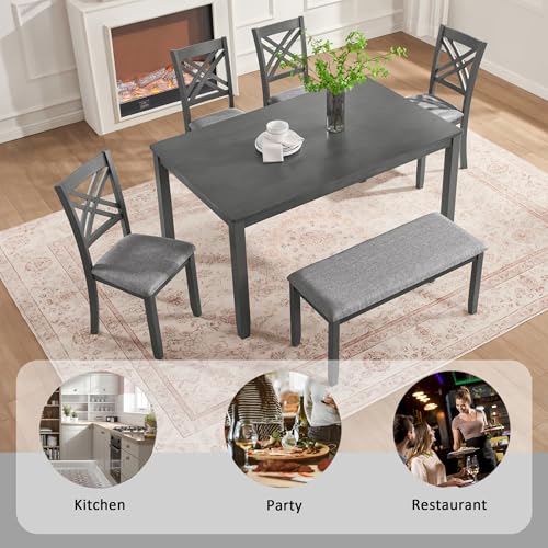 Image of Harper & Bright Designs 6 Piece Kitchen Dining Room Set, Rectangular Wooden Dining Table with 4 X-Back Upholstered Chairs and 1 Bench, Modern Wood Furniture Set for 6 People, Grey Finish
