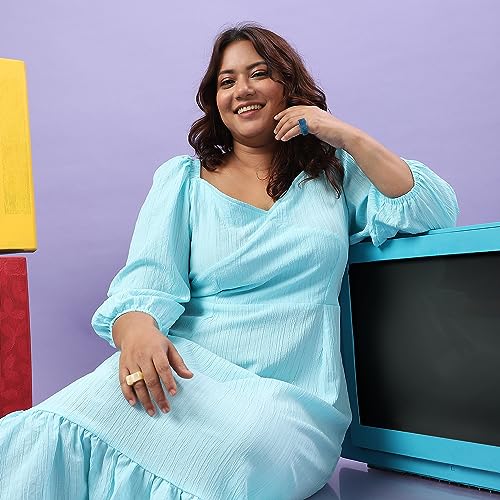 Image of Instafab Plus Women's Sky Blue Ruffle Hem Dress for Casual Wear | Quarter Sleeve | Polyester Fabric | Sweetheart Dress Crafted with Comfort Fit for Everyday Wear (3XL)