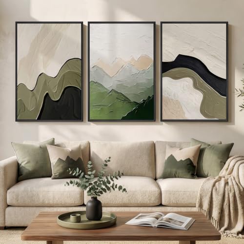 Framed Green Abstract Wall Art for Living Room, 3 Piece Large Neutral...