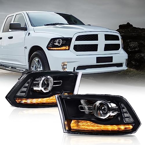 Image of GRAND ORANGE LED Bar Plank Style Headlights Assembly Compatible with 2013-2018 Dodge Ram 1500 2500 3500 FACTORY PROJECTOR 9 PIN MODEL Clear Lens Black Housing Clear Reflector