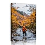 秋の山の森のキャンバスウォールアートリバーサイドアドベンチャーキャンバスプリントハイキング風景絵画ポスターリビングルームの家の装飾50x70cmインナーフレーム