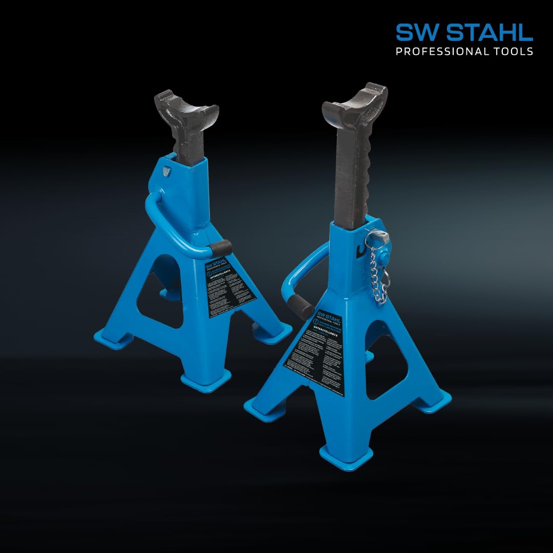 SW-Stahl 20465L Kobyłki Warsztatowe 3t, Stojaki Podstawki, 1 Para | Zestaw 2 sztuk z atestem TÜV/GS, regulacja wysokości 280-420 mm, udźwig 3000 kg, solidna stalowa konstrukcja pod auto.