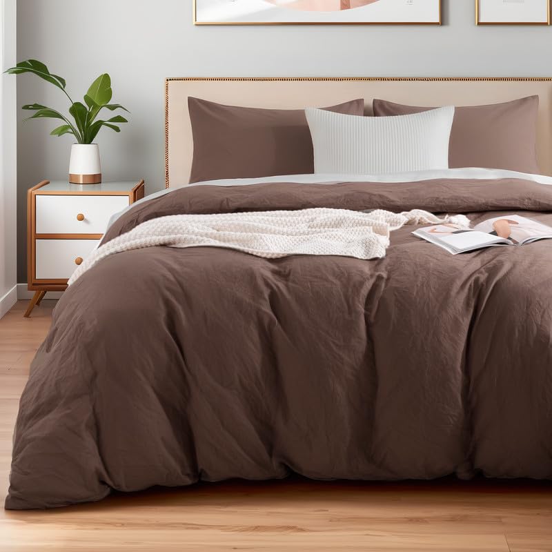 NEXHOME PRO Full Duvet Cover Set 100% Certified Organic Cotton with Washed Feel &amp; Linen-Like Texture, Comfortable &amp; Breathable, Home Bedding Set Dark Brown (No Comforter)