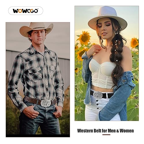 Women Men Western Genuine Leather Belt Cowgirl Cowboy Floral Engraved Tooled Belt Strap Embossed Scrollwork Buckle2