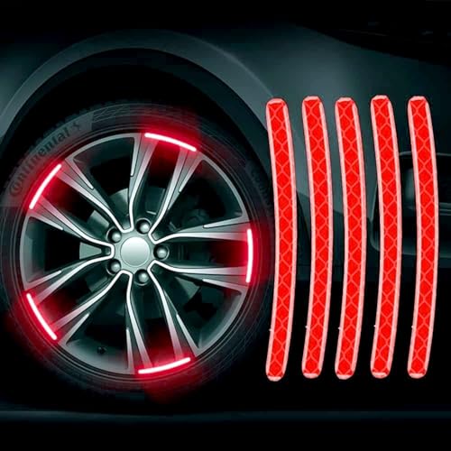 Bhujry Car Wheel Reflective Strips Sticker 20 pcs,Car,Bike and Bicycle, Universal Wheel Warning Adhesive Strips, Wheel Decorative Stripe Rim Stickers,Night Reflective Safety (Red)(R-3)