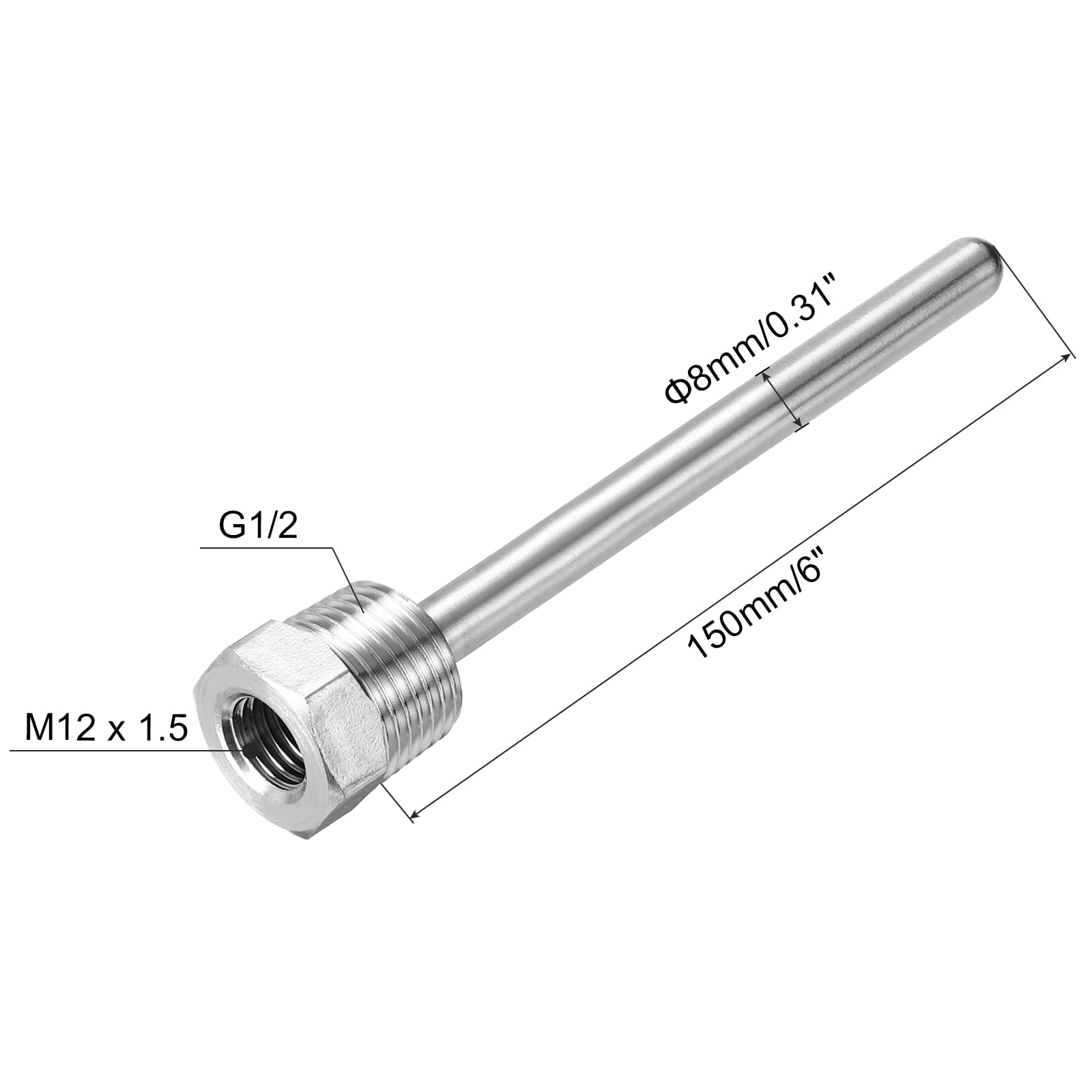 8mm Dia G1/2 Thermowell Weldless Stainless Steel 201 250mm 8mm Dia G1/2 Thermowell Weldless Stainless Steel 201 250mm
