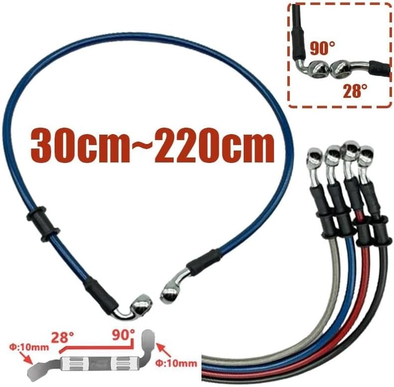 Brake Oil Hose Line 10Mm 28-90 Degree For Motorcycle For Dirt For Bike Braided Line Steel Brake Hose Cable Hydraulic Banjo Pipe 300-2200Mm Universal Racing Blue