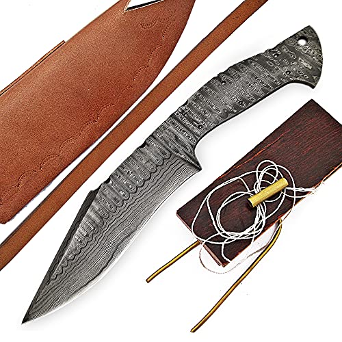 ColdLand Knives Damascus Knife Making Kit DIY Handmade Damascus Steel includes Blank Blade, Pins, Leather Sheath, Handle Scales for Knife Making Supplies HSMK01