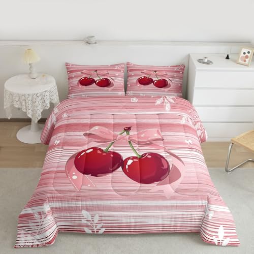 Image of Erosebridal Cherry Bow King Comforter Set Pink Valentine Bedding Set for Kids Teens Romantic Bowknot Bowtie Quilt Geometric Stripes Cottagecore Bedroom Decor 3 Pcs