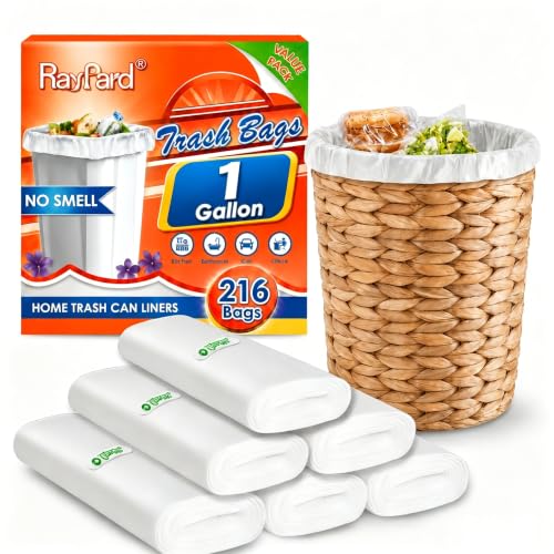 1 Gallon Small Trash Bags Garbage Bags by RayPard 216 Counts fit 0.5 0.8 1 Gal Waste Basket 3-4.5 Liter mini Trash Can Liners for Home Office Kitchen Bathroom Bedroom Clear