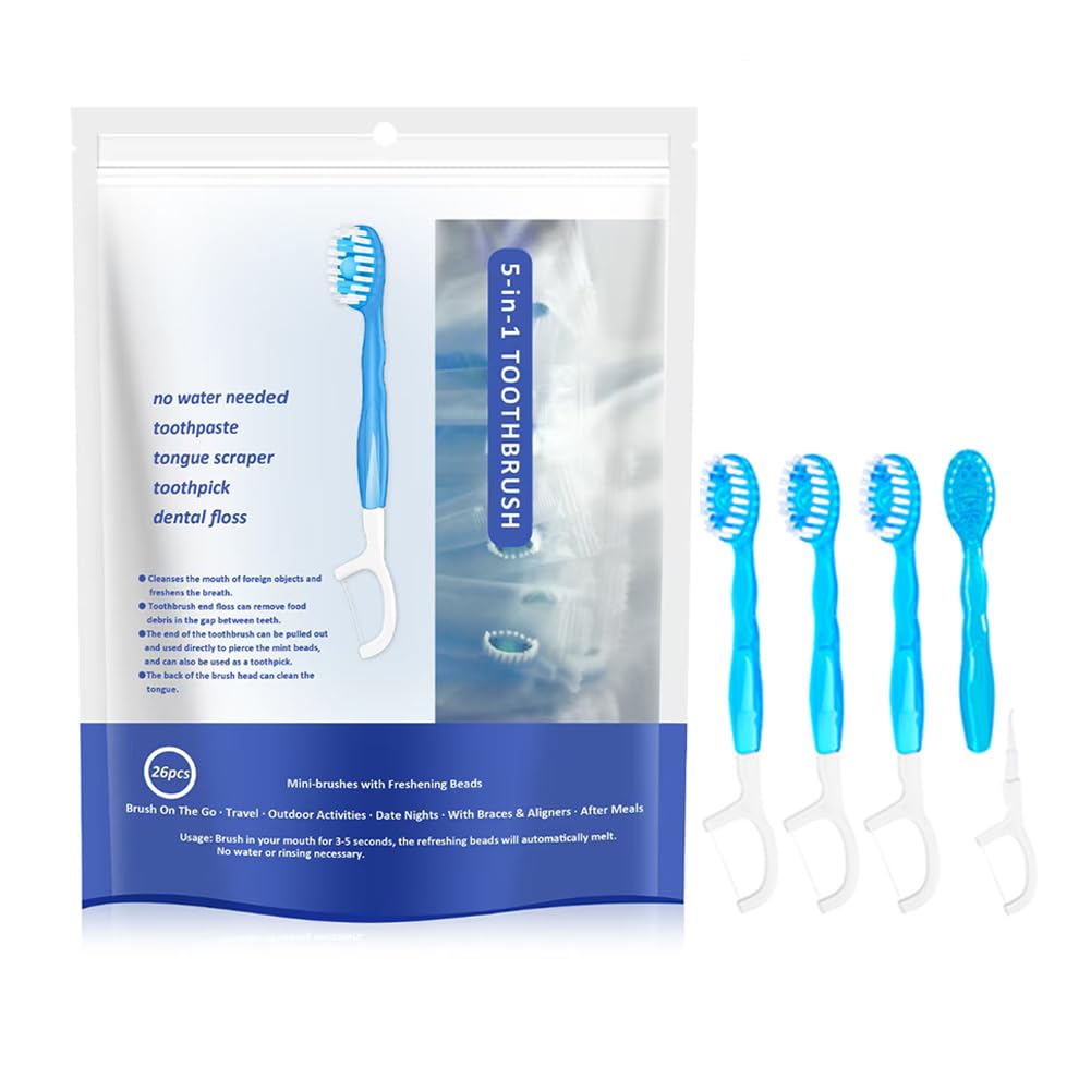 JOUGE 26pcs 5 in 1 Mini Disposable Toothbrushes with Toothpaste+Tongue Scraper + Picks+Floss Travel Case Individually Wrapped Portable Work Travel