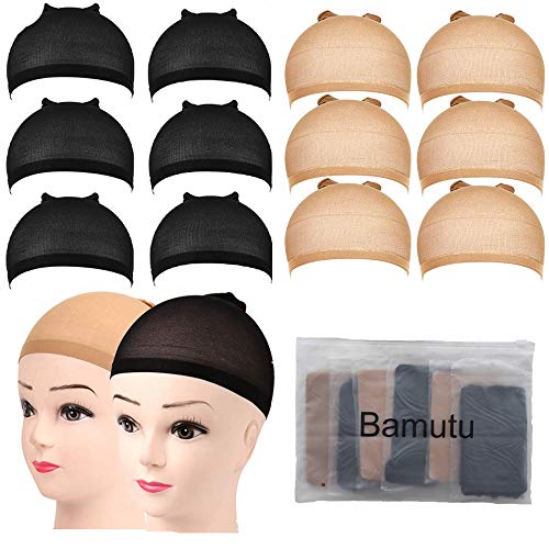 Bamutu 12 Pack Wig Caps Nylon Stocking Wig Caps Stretchy Breathable Wig Cap for Women and Man (6 Pack Black+6 Pack Nude)