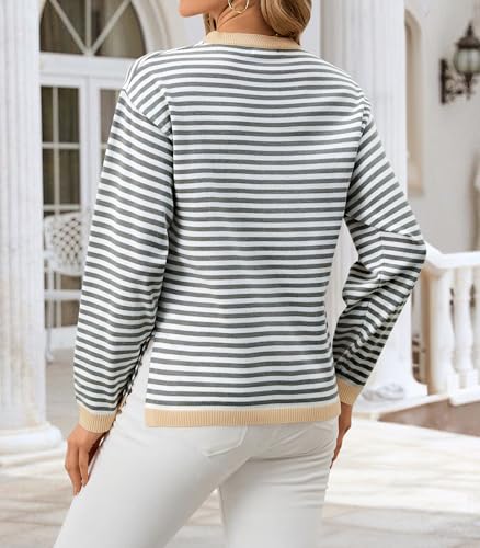 Womens 2024 Striped Long Sleeve Sweaters Fall Crewneck Color Block Shirts Knited Pullover Tops Side Split2