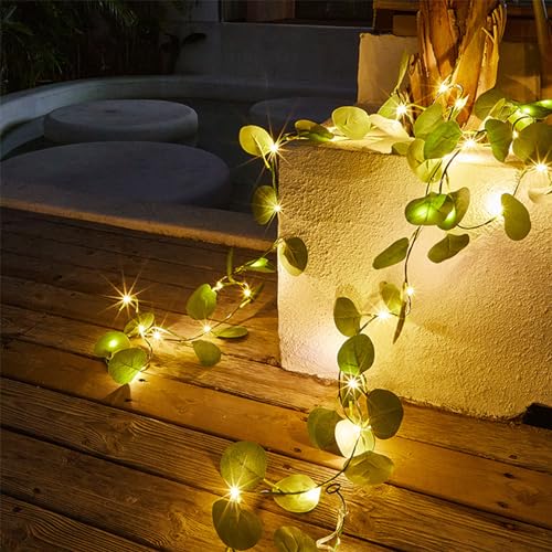CutitiUU Paquete de 2 luces artificiales de vid de eucalipto de 6.5 pies, 20 luces LED de vid, luces de hadas de hiedra, funciona con pilas, para bodas, fiestas, vacaciones, jardín