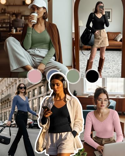 4 Pack Women Long Sleeve Shirts, 95% Cotton V Neck Ribbed Knit Tops Fitted Lightweight Basic Going Out Shirts3