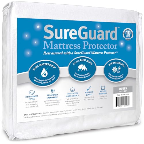 SureGuard Queen Size Mattress Protector – 100% Waterproof, Hypoallergenic – Premium Fitted Cotton Terry Cover White