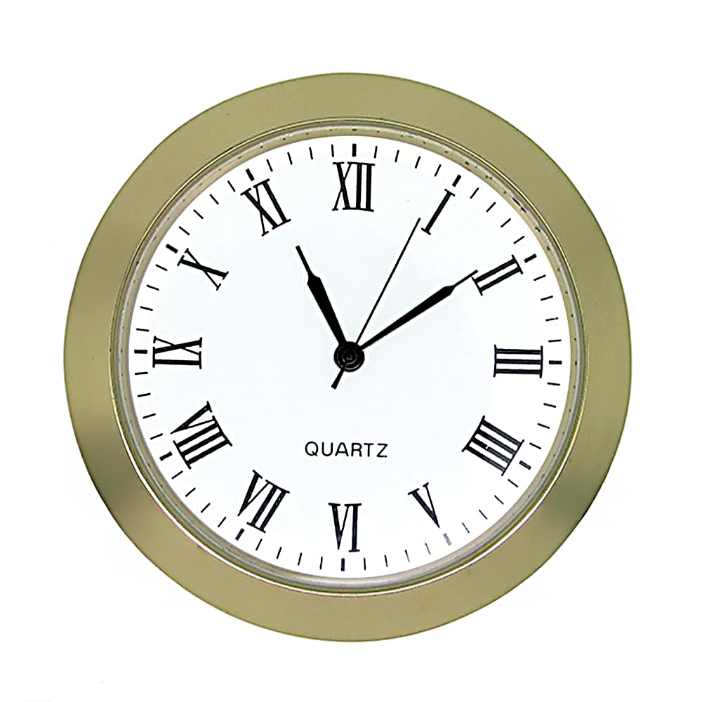 Dans Clock Shop Gold New Round Metal Quartz Bezel Clock Watch Movement Insert Miniature With Black Roman Numerals White Dial Battery Operated (30Mm Insert - 27.5Mm Hole)