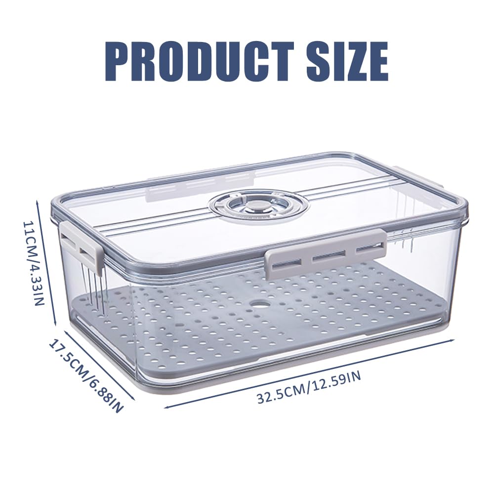 Organizador Nevera Transparente Cajas de Almacenamiento Cocina con Bandeja de Drenaje Recipientes para Alimentos Fresco para Verduras Frutas Pan (32,5 x 17,5 x 11 CM) | Con tapa Cajas de almacenamiento de plástico reutilizables para pan de verduras frutas